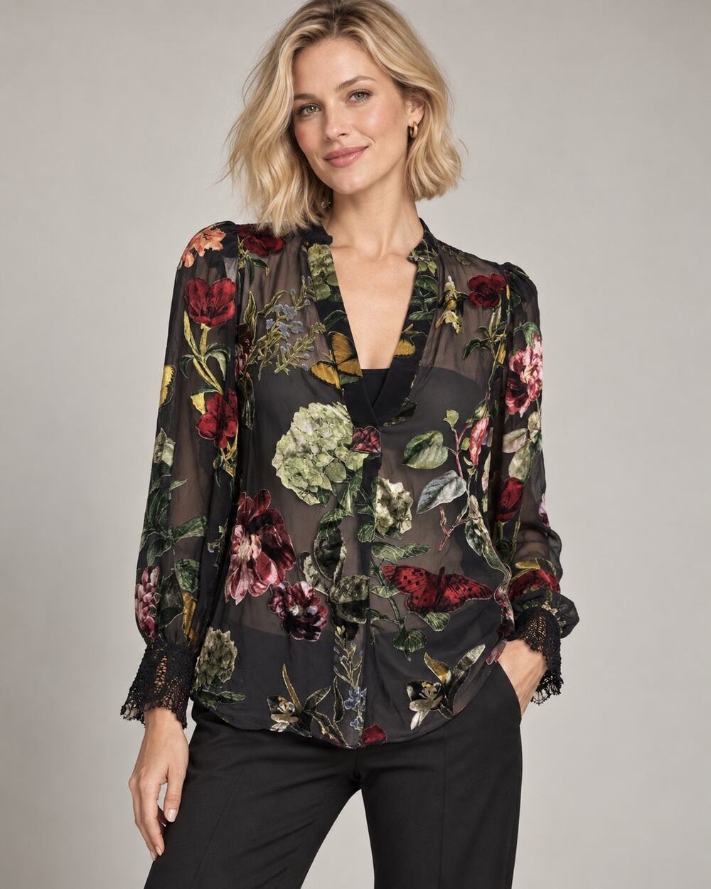 Alice + Olivia Sheer Floral Velvet Burnout Blouse Size XS